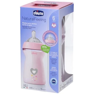 Afbeelding van Chicco Natural Feeling Anticolic fles 6 maanden + 330 ml, met zuignap van zachte en flexibele siliconen, geschikt voor gemengde borstvoeding, snelle stroom, kleur roze