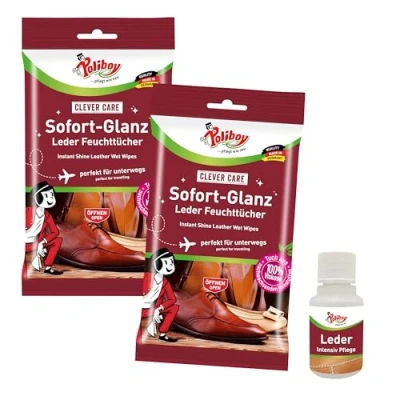 Afbeelding van POLIBOY Onmiddellijke glans lederen vochtige doekjes Lederreinigingsdoekjes Voor onderweg schoenen en tassen Direct onderhoud met glanseffect 2x 10 doeken incl. productmonster Made in