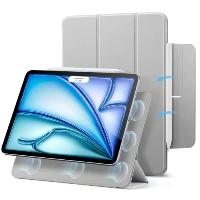 Afbeelding van ESR Hoes voor iPad Air 11 inch M2, 6/5/4 (2024/2022/2020) 10,9 inch, sterke magnetische bevestiging, Trifold standaard, ondersteunt Pencil Pro/USB C, automatisch rusten/wekken, grijs