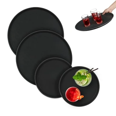 Afbeelding van Relaxdays horeca dienblad set van 4 antislip 2 groottes zwart rond serveerblad