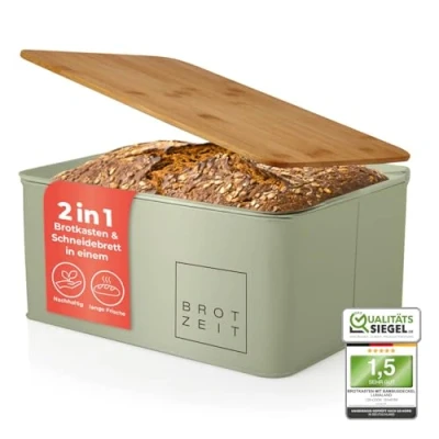 Afbeelding van Lumaland Cuisine Broodtrommel Metaal met bamboe deksel Rechthoekig 30,5 x 23,5 14 cm Mintgroen