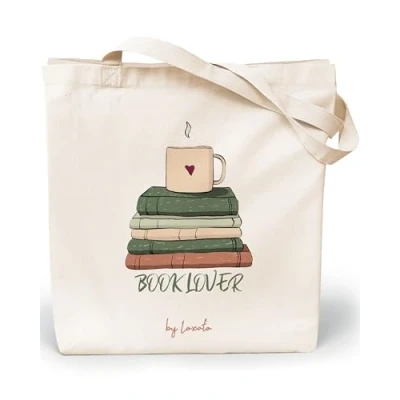Afbeelding van Loxato stoffen tas bedrukt, tas, katoenen 35 x 42 8 cm (b h 8), draagtas, canvasstof 220 g/m2, jute boodschappentas lang handvat 70 cm, boodschappentas, Book Lover