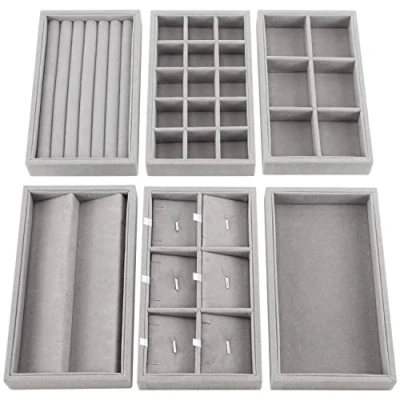 Afbeelding van Belle Vous 6 Pak Grijs Velours Stapelbare Sieraden Organizer Opslag Trays Geassorteerde Lade Display Dozen 36 Compartimenten Totaal voor Kettingen, Ringen, Armbanden, Oorbellen en Meer