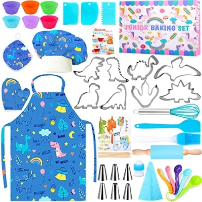 Afbeelding van BEYAOBN Kook en bakset voor kinderen, 45 delige gebakset inclusief schort keuken, koksmuts, handschoenen, rollenspel, chef kok, accessoires jongens meisjes