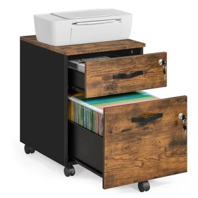 Afbeelding van VASAGLE afsluitbare archiefkast met 2 laden, 5 wielen, verstelbare hangstangen, voor hangmappen van A4 en briefformaat, vintage bruin zwart LCD022K01
