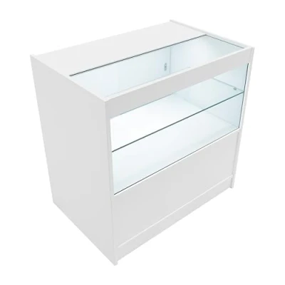 Afbeelding van Wit Winkel Toonbank LED Verlichting C900 Afsluitbaar Schuifdeuren 2 Sleutels Detailhandel Opbergkast Glas Vitrine Display Kast Receptie Bureau 3 Planken Open Schappen 1 Gesloten Schap Witte Lampen