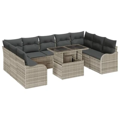 Afbeelding van vidaXL 10 delig tuinbankstel met kussens lichtgrijs poly rattan, 2 zits tuinbank opslag &amp; rattan