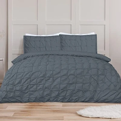 Afbeelding van Sleepdown 5056242756514 Dekbedovertrekset met kussenslopen, plooien, onderhoudsvriendelijk, zacht, voor eenpersoonsbed, antraciet, katoenmix