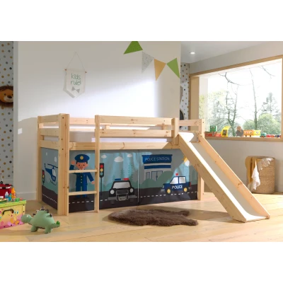 Afbeelding van LUCEVI Pino Halfhoogslaper H115CM + Ladder Glijbaan Police Gordijntjes Bruin 90x200 cm