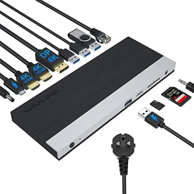 Afbeelding van USB C Docking Station met 100 W DC voeding, WAVLINK Triple Display DockingStation Hub HDCP, Dual HDMI, DisplayPort, Gigabit Ethernet, 3 USB, BC1.2 SD/TF, audiopoort voor Windows, Mac