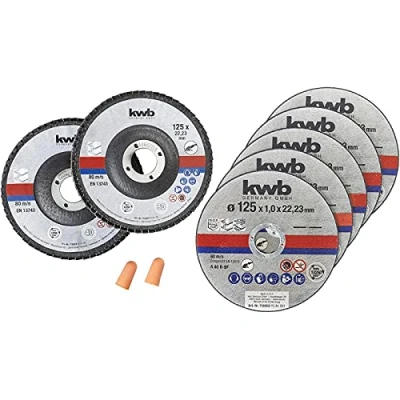 Afbeelding van KWB doorsnij /slijpset Ø 125 mm 5x snijschijf + 2x slijpmop gehoorbeschermers In cassette 712052