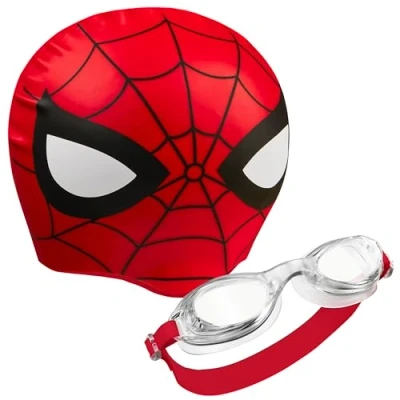 Afbeelding van Marvel Set van duikbril en zwembadmuts voor kinderen, met uv bescherming bescherming, Spiderman rood, 6 14 jaar