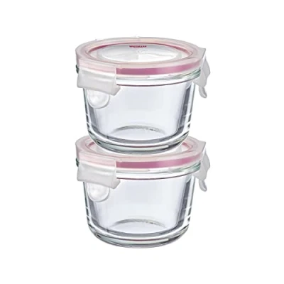 Afbeelding van 2 glazen vershouddozen met clipdeksel, rond, vulvolume: elk 150 ml, geschikt voor diepvriezen, magnetron en ovenbestendig, glas/siliconen/kunststof, transparant/rood, 233122E3