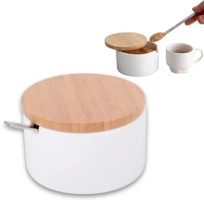 Afbeelding van Suikerpot van keramiek met bamboelepel en deksel suikerlepel voor huis keuken, moderne bolvorm suiker, kaas, kruiden, 12,5 x 10 6,5 cm, wit