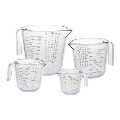 Afbeelding van Gucass 4 stuks maatbekerset, kunststof maatbekers met handvat en schaal, plastic 150/300/600/1000 ml, hittebestendige precisiemaatbekers voor keuken, laboratorium, BPA vrij, transparant