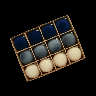 Afbeelding van Velvet kerstballen 6cm Donkerblauw Blauw Beige 12 stuks