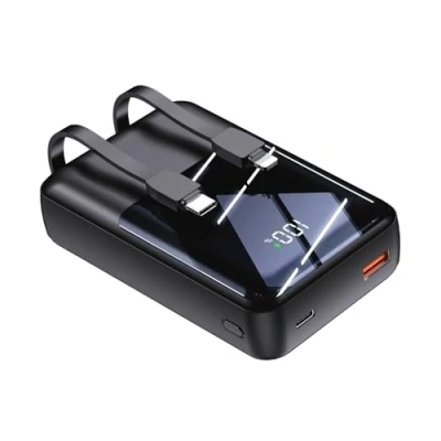 Afbeelding van Draagbare Telefoonoplader met Ingebouwde Kabels 20000mAh Powerbank 22,5W snel Opladen LED scherm Ultracompacte USB C Batterij Compatibel iPhone 16/15/14/13/12 Andriod etc (Zwart, 20000mAh)