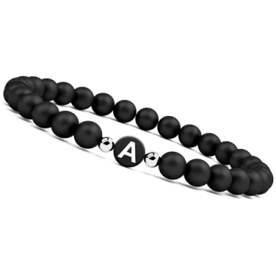 Afbeelding van Good.Designs armband met brief voor 2 I kralen partnerarmband mannen en vrouwen Onyx paar armbanden gravure Gepersonaliseerde zwart (Buchstabe A)