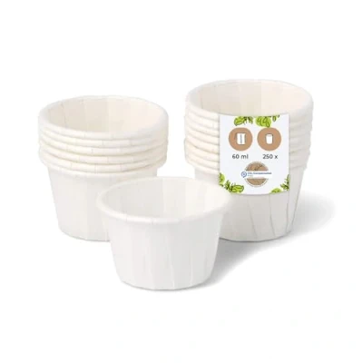 Afbeelding van BIOZOYG Papieren bekers 60 ml wit I duurzame dipschaal voor sauzen en dips witte beker van gewaxt papier biologisch afbreekbaar plasticvrij gerecyclede materialen 250 stuks