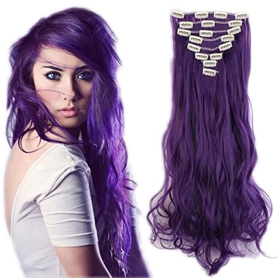 Afbeelding van SEGO Clip in extensies, haarverlenging, haarstukje, 8 vlechten als echt haar, golvend paars blauw, 43 cm