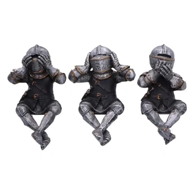 Afbeelding van Nemesis Now Drie Wijze Ridders Beeldjes (Plank Sitters) 11cm, Hars, Zilver, Zie Geen Kwaad, Hoor Spreek No Evil&#039; Zittende Ridder Beeldjes, Gegoten in de Fijnste Deskundig