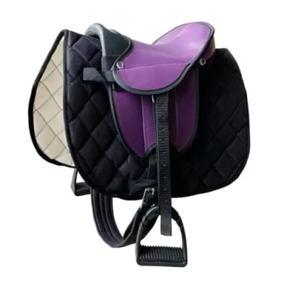 Afbeelding van Brama West Shetty Zadelset &quot;My Little Pony&quot; voor kinderen zadel Pony houten paard van pluche met zadeldeken, zadelriem, stijgbeugel en stijgbeugelriem lila