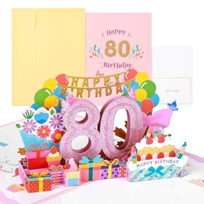 Afbeelding van Joyoldelf verjaardagskaarten, 80 jarige pop up wenskaarten, 3D kaart, verjaardagskaarten met envelop voor vrouwen, moeders, meisjes, vrienden, romantische cadeaukaart