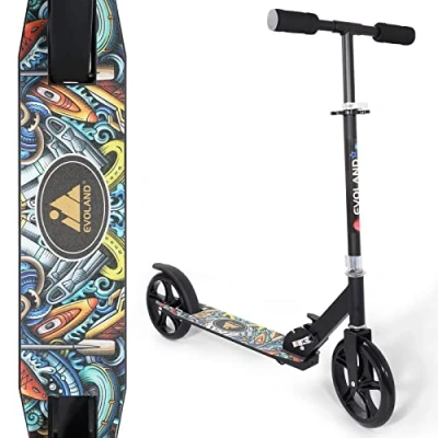 Afbeelding van EVOLAND Wheel Scooter, opvouwbare kinderstep, voor kinderen vanaf 5 jaar, in hoogte verstelbaar, graffiti patroon, tot 100 kg