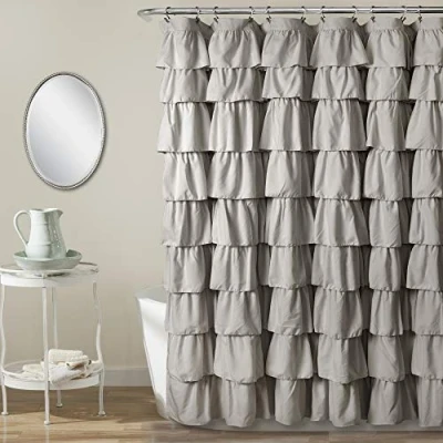 Afbeelding van Lush Decor, Lichtgrijs douchegordijn met ruches, gebloemde vintage stijl, boerderijdesign, 72 stuks