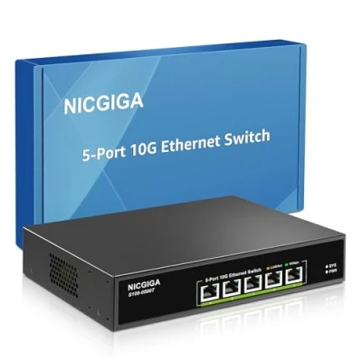 Afbeelding van 5 Port 10G Ethernet Switch Unmanaged,with 5X 10Gb Base T RJ45 Ports, NICGIGA 10Gbps Network Easy for NAS,PC,WiFi7 Router,10G Adapter/NIC. Desktop or 19 inch Rack Mount, Plug and Play.