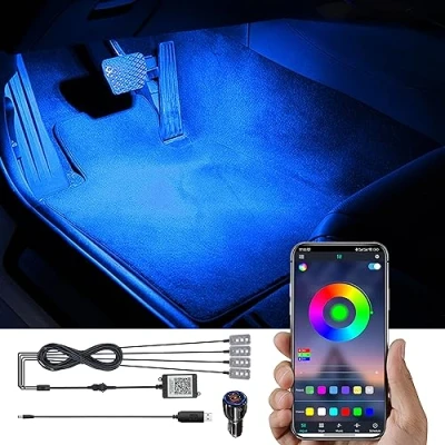 Afbeelding van TABEN RGB auto voetruimte ambient verlichting kit APP control 16.7 miljoen kleuren van actieve muziek synchronisatie Autolader + USB kabel, interieur omgevingslicht DC 12V
