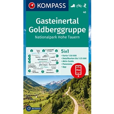 Afbeelding van Carta escursionistica Kom 40 Gasteinertal, Goldberggruppe, Nationalpark Hohe Tauern: 5in1 Wanderkarte, mit Panorama, Aktiv Guide und Detailkarten ... in der KOMPASS App. Fahrradfahren. Skitouren.