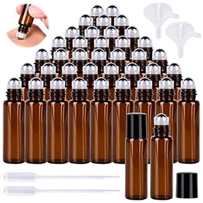 Afbeelding van 40 stuks etherische oliën, rollerflessen, glazen rolfles, leeg, 5 ml, met roestvrijstalen rollerballen, navulbare roll on flessen, klein, voor olie, aromatherapie, parfum, massage