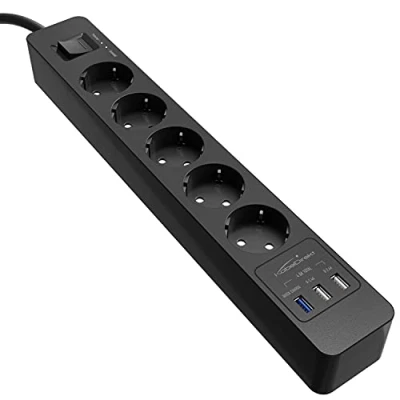 Afbeelding van KabelDirekt 5 voudige stekkerdoos &amp; meervoudige contactdoos (USB, Quick Charge 3.0, laadt afhankelijk van het toestel tot wel 3x sneller, overspannings /aanraakbeveiliging, TÜV gekeurd, zwart)