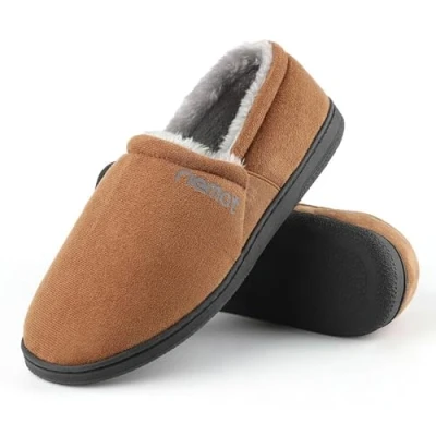 Afbeelding van riemot Mocassin pantoffels voor heren, warm suède, traagschuim, pantoffels, diabetici, schoenen, winter, sherpa voering, huisschoenen met anti slip rubberen zool, maat 42 47, bruin, 47 EU