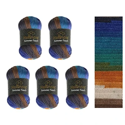 Afbeelding van Wollbiene Summer Touch Batik 5 x 100 gram wol meerkleurig met kleurverloop, 500 gemerceriseerde breiwol microvezel acryl (512 turquoise bruin oranje)