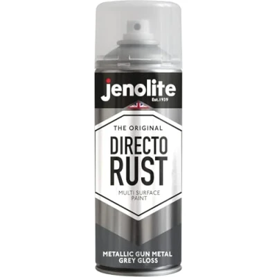 Afbeelding van JENOLITE Directorust Metallic Gloss Spray Paint GUN METAL GREY 400ml Multi Surface Gold voor metaal, hout, kunststof All In_OnePrimer, ondervacht en topcoat Interieur &amp; Exterieur