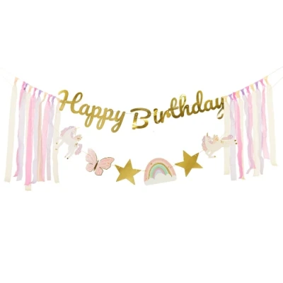 Afbeelding van unicorn Happy Birthday bannerset, 230 x 17.5 cm verjaardagsslinger eenhoornparty party