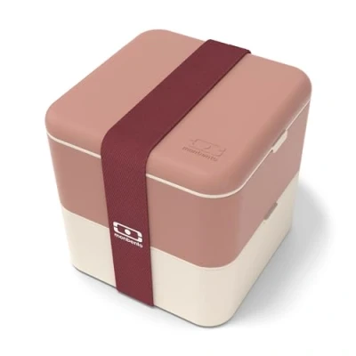 Afbeelding van monbento MB vierkante lunchbox roze mokka grote Bento met vakken Box luchtdicht 2 etages ideaal voor werk / picknick BPA vrij, duurzaam en veilig gemaakt in Frankrijk