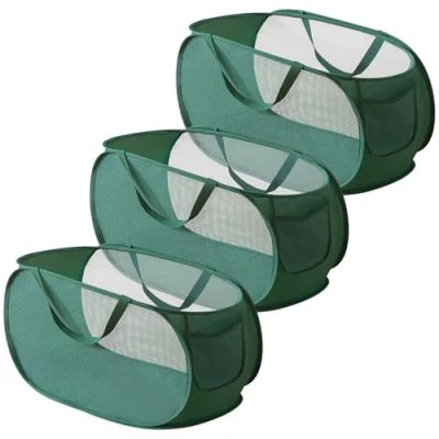 Afbeelding van pop up wasmand, 3 stuks, opvouwbare 36 x 58 cm, inklapbaar met handvat, draagbare wasmand van mesh, mand voor badkamer, slaapzaal, reizen (groen)