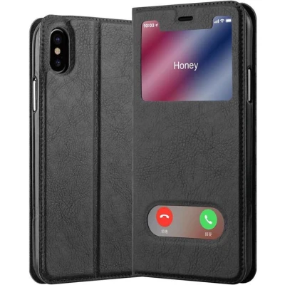 Afbeelding van Cadorabo Hoesje geschikt voor Apple iPhone XS MAX in KOMEET ZWART Beschermhoes met magnetische sluiting, standfunctie en 2 kijkvensters Book Case Cover Etui