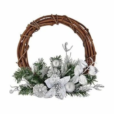 Afbeelding van Kerstkroon Bruin Groen Zilverkleurig Hout Plastic 33 x 9 35 cm (12 Stuks)