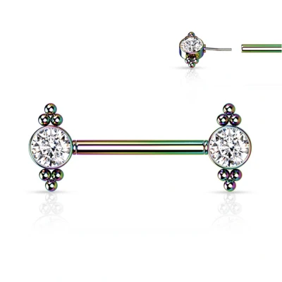 Afbeelding van Tepelpiercing titanium push in center steen met cluster ball regenboog kleur