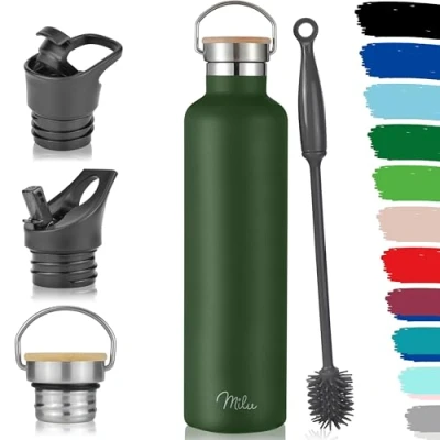 Afbeelding van Roestvrijstalen drinkfles, 350 ml, 500 750 1000 ml (+3 deksels) thermosfles met rietje, schuine waterfles, lekvrije thermosfles, dubbelwandig (olijfgroen, ml)