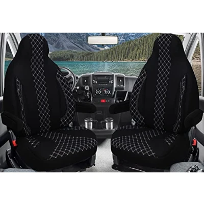 Afbeelding van BREMER SITZBEZÜGE Afmeting pilotenhoezen stoelovertrekken compatibel met camper Ducato Borstner Hymer Pössl Laika Fendt set van 2 stoelhoezen incl. armleuningen in zwart/witte naad WPL408