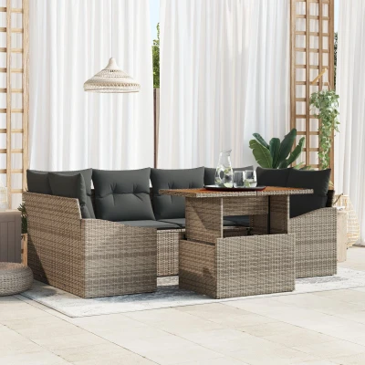 Afbeelding van vidaXL 7 delige tuinset met kussens Grijs Poly Rattan Acacia