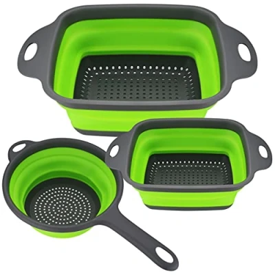 Afbeelding van Opvouwbare vergiet set, 3 stuks siliconen inklapbare vergiet, pastazeef, filtermanden, keukenzeef met handvat, afwasbak van pasta, fruit, groenten groen