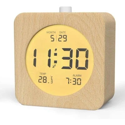 Afbeelding van aboveClock Digitale Wekker, Houten Wekker voor naast het Bed met LCD scherm, Snooze functie, Nachtlicht, Alleen op Batterijen Werkende Klok de Slaapkamer, Licht Hout