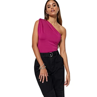 Afbeelding van Trendyol Fuchsia Asymmetrische Kraag Flexibele Gebreide Body Met Drukknopen Vanaf De Onderkant Twoss22Bd00014