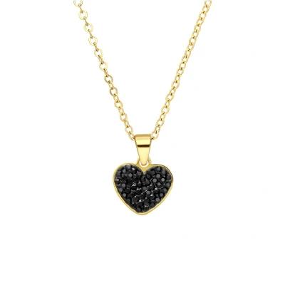 Afbeelding van Lucardi Dames Stalen goldplated Ketting hart met kristal zwart Staal Goudkleurig 47 cm